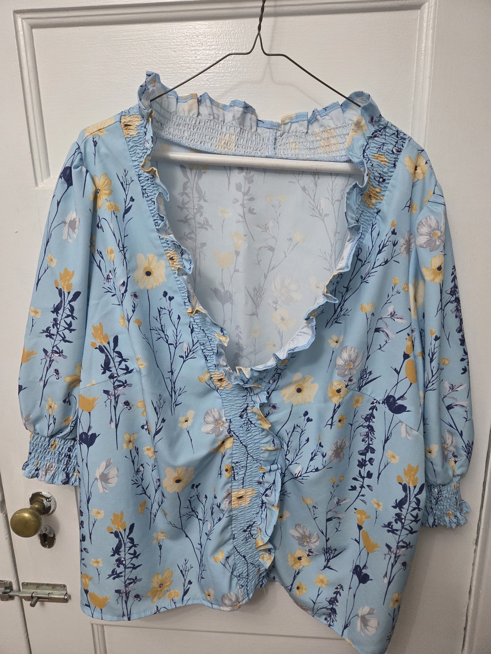SHEIN Light Blue Floral Ruffle Blouse